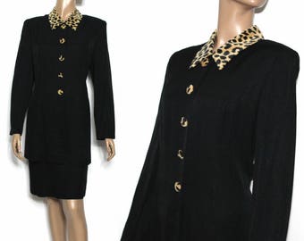 Vintage 1980s Dress // Black 80's Dress// Leopard Collar// Leopard Buttons// Designer// Rayon//1980's Dress// One Piece Dress//Designer