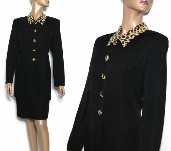 Vintage 1980s Dress // Black 80's Dress// Leopard