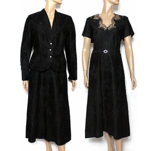 Vintage 1940s Dress //Black Lace// Designer //Lace Jacket// Rhinestones// Cocktail Dress // Fully Lined// 1940s Black Lace Dress// image 1