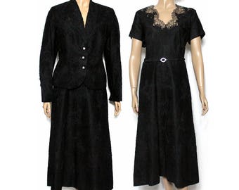 Vintage 1940s Dress //Black Lace// Designer //Lace Jacket// Rhinestones//  Cocktail Dress // Fully Lined// 1940s Black Lace Dress//