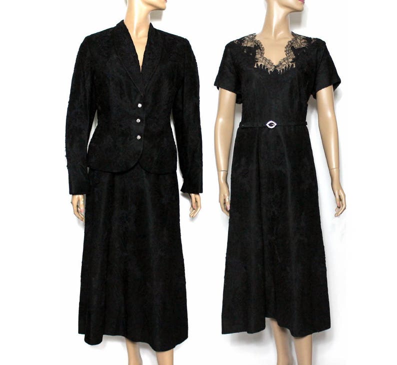 Vintage 1940s Dress //Black Lace// Designer //Lace Jacket// Rhinestones// Cocktail Dress // Fully Lined// 1940s Black Lace Dress// image 1