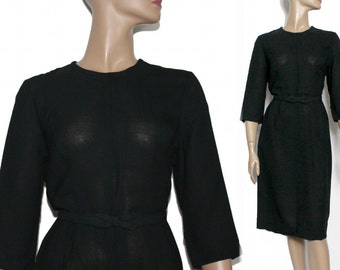 Vintage 1950s Dress// Black //Sheer//Bow Tie Belt// Cocktail Party Dress//Designer Vintage Dress//Black Dress//