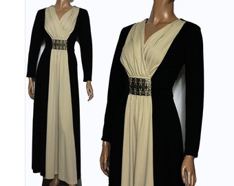 Vintage 1960s Gown //Black // Tan // Brass Buckle // Long Formal // Polyester Gown // Long Gown // Plunging Neckline// Party Gown