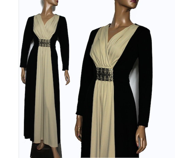 Vintage 1960s Gown //Black // Tan // Brass Buckle