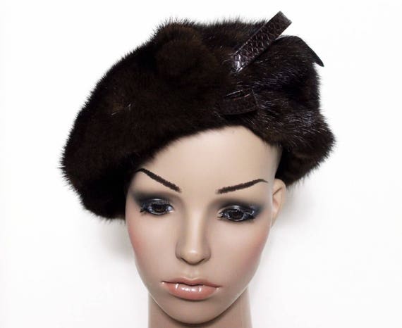 Mink fur leather beret hat Vintage lined Vintage Style Mink Fur Beret | Handmade by NordFur main image 3