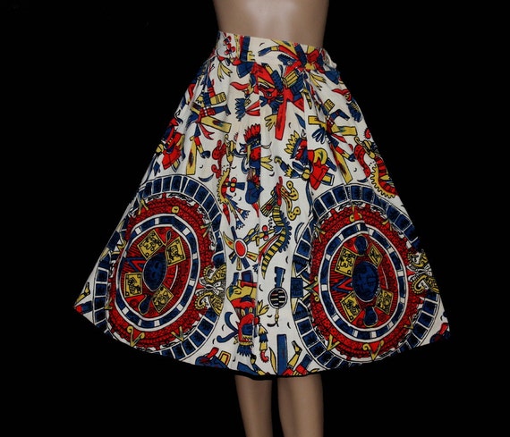 Vintage 1950s Skirt Full Circle Tribal Print Cotton Retro Rockabilly Cup Cake Garden Party Swing Jive Mad Men Dress