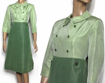 Vintage  Dress// 1960's Dress// Green// High Waist//  Mod // Green 60s Dress // Ornate Buttons// 70s Dress// Rayon