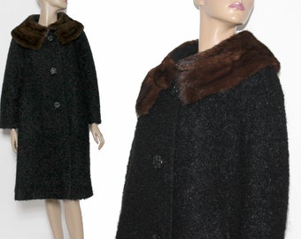 Vintage 1950s Black Coat - Nubbed Wool with Mink Collar and Ornate Buttons Satin Lined Full Cut Large to Extra Large Designer Coat Beautiful