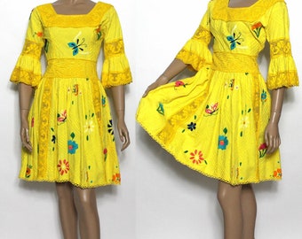 Vintage Bohemian Dress - 1960s Dress Yellow Crocheted Butterfly Sleeves Designer Patricia Full Skirt Cotton 60s Embroidered Boho Dress