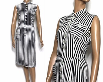 Vintage 1950er Jahre Kleid - Schwarz Weiß Gestreift 50s Gestreiftes Wackelkleid Designer Gartenparty Gestreiftes Marilyn Monroe Kleid