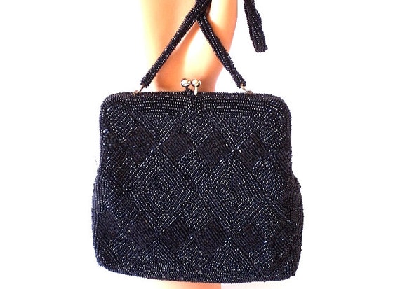 Vintage 1950s Purse Handbag Black Beaded Femme Fa… - image 4