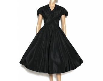 Vintage 1950s Dress - Designer Katja of Sweden Black Rayon Fringed Shawl Collar Full Circle Skirt Very Rare 50s Dress