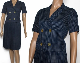 Vintage 1950s Outfit Pleated Skirt Navy Blue Suit Polka Dot Outfit