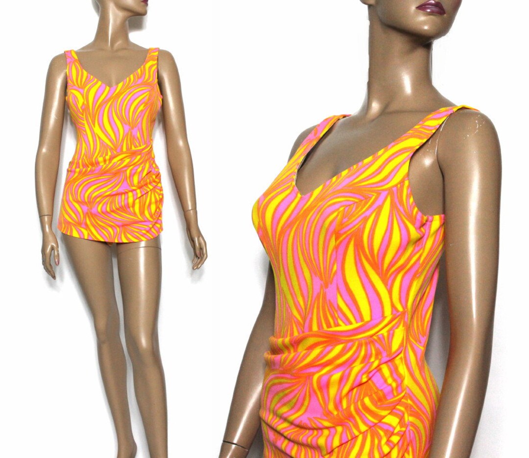vintage 1960s swimsuit MOD lime pink SWIRL bathing suit S - M