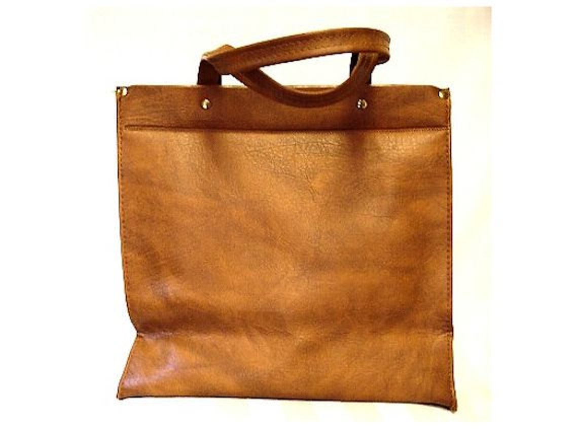 Vintage 1970s Tan Purse Tote Handbag Designer  Garden Party Rockabilly Mad Man Retro Dress Femme Fatale Hippie, foto 2 di 3