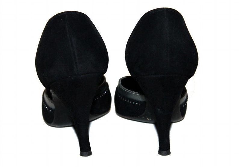 Vintage 1950s Shoes Black Suede Leather Stiletto Heels Designer Fiancees Ornate 50s Heels image 4
