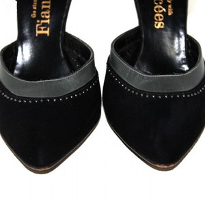 Vintage 1950s Shoes Black Suede Leather Stiletto Heels Designer Fiancees Ornate 50s Heels image 3