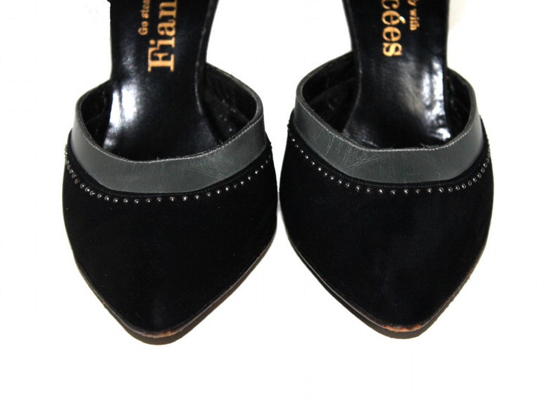 Vintage 1950s Shoes Black Suede Leather Stiletto Heels Designer Fiancees Ornate 50s Heels image 3