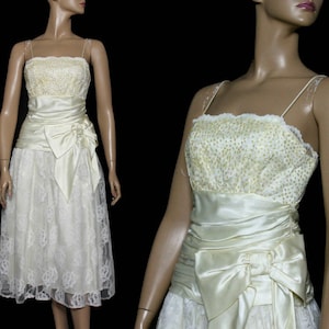 Vintage 1980s Brautkleid - Spitze - Satin - Gold Glitzer - Spaghettiträger - Irisierend - Große Schleife - Cumberland Taille - 80er Brautkleid