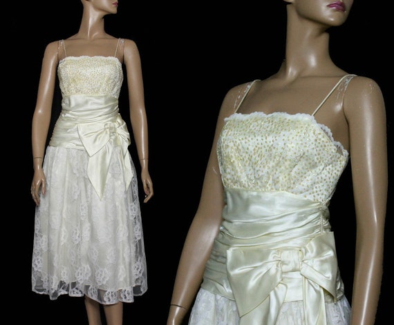 Vintage 1980s Wedding Gown - Lace - Satin - Gold … - image 1