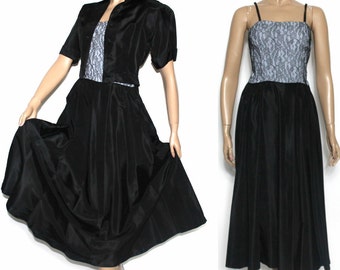 Vintage 1940s 1950s Dress// Designer Carole King//Black Navy Blue//Lace Bodice// Spaghetti Straps//Taffeta//Full Skirt//Bolero Jacket