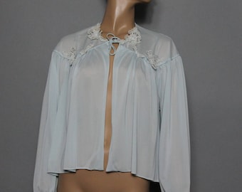 1950s Bed Jacket// Blue//Eyelet Lace// Floral// Designer// Carters// Nylon// Art Deco // 50s Bed Jacket