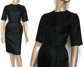 Vintage Dress //1950s//Black Rayon //Designer Dress//Lined Skirt//Cocktail Party//Mad Men//Hourglass Fit// Wiggle Dress