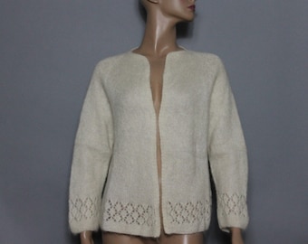 Vintage 1950s Sweater //Mohair//  Crocheted // Open Front// Cream Colored// Knitted // 50s open front sweater