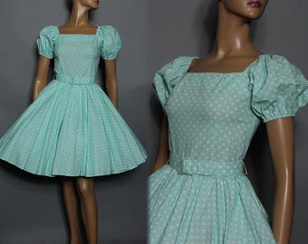 Vintage //1950s Style// Dress //Blue// Cotton //Rockabilly //Polka Dots//Garden Party Dress// Full Circle Dress// 50s Dress