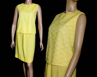 Vintage 1960s Outfit Yellow Lace Pencil Skirt Rockabilly Garden Party Mad Man Couture Pinup Bombshell Femme Fatale