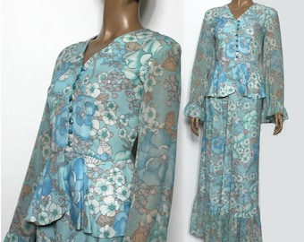 Vintage 1960s Dress// Floral Maxi Outfit//Peplum Jacket //Hippie Dress//Flared Sleeves//