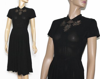 Vintage// 1940s Dress//  Black// Dress// Sheer Rayon// Rhinestones// Neckline Lace//Cocktail Dress //pleated Front//40s Sheer Dress