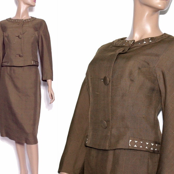 Vintage 1960s Suit - Brown Designer Label Lined Pure Silk Couture Pinup Bombshell Femme Fatale Hourglass 60s Jackie O Wiggle Suit