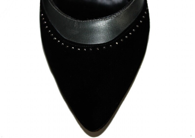 Vintage 1950s Shoes Black Suede Leather Stiletto Heels Designer Fiancees Ornate 50s Heels image 5