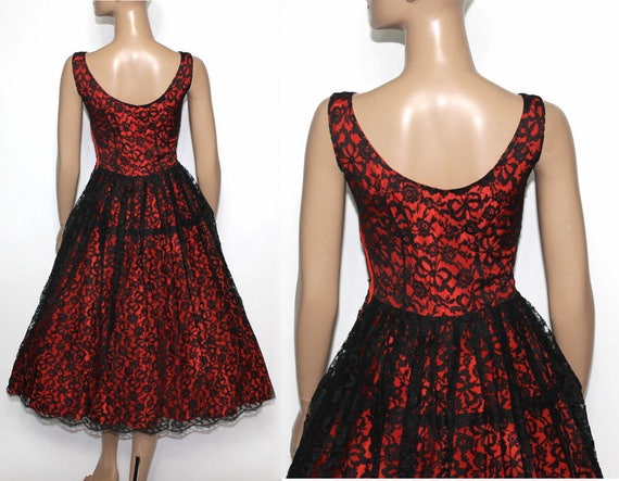 Vintage 1950s Dress.  Red Satin with Black lace F… - image 3