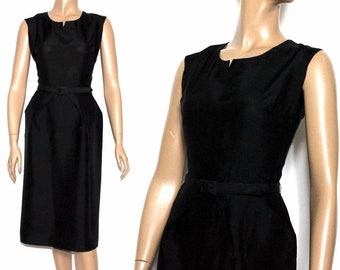 Vintage Dress// 1950s // Black // Matching Belt // Cocktail Dress // Sleeveless // Soft // Faux Pockets // Sexy 50s Black Dress