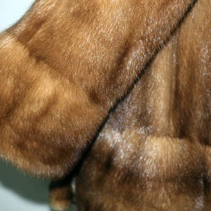 K&ouml;nnte beinhalten: Eine braune Pelzjacke mit langem &Auml;rmel und breitem B&uuml;ndchen. Das Fell ist weich und flauschig.
