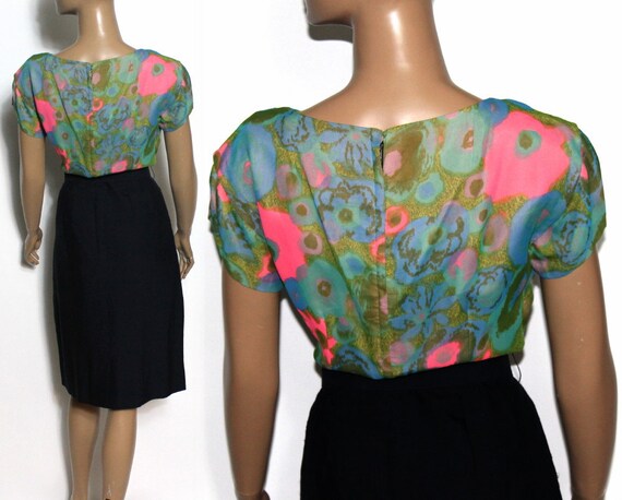 Vintage 1950s Dress Muted Watercolor Fitted Nippe… - image 3