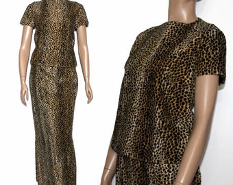 Vintage Leopard Dress// 1960s Dress// Evening Gown// Faux Fur// Leopard Print// Skirt with Matching Top// Black// Tan//60sGown