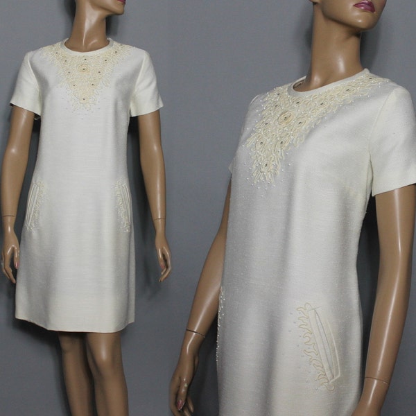 Vintage 1960s Dress // Rhinestones //Seed Beads // Corded Floral Design // Couture // Wedding // White // Femme Fatale // Garden Party