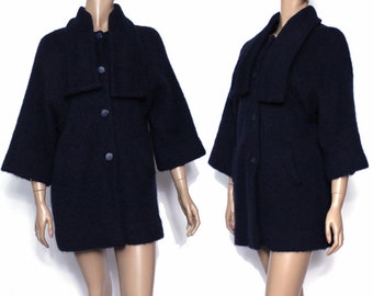 Vintage 1960s Coat Jacket Navy Blue Satin Lined Stroller Length Rockabilly Retro Femme Fatale Bell Sleeves