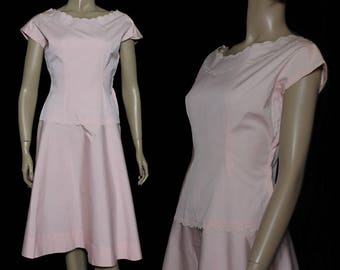 Vintage 1940s Dress // Pink Dress // Cotton// Cording// Dropped Waist// Cap Sleeves// Pink// 40s Pink Dress