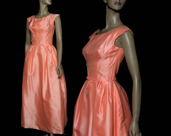 Vintage 1950s Formal Dress Peach Sleeveless Gown Satin Garden Party Wedding Prom Formal Dance Mad Man Couture Femme Fatale