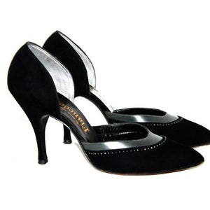 Vintage 1950s Shoes Black Suede Leather Stiletto Heels Designer Fiancees Ornate 50s Heels image 2