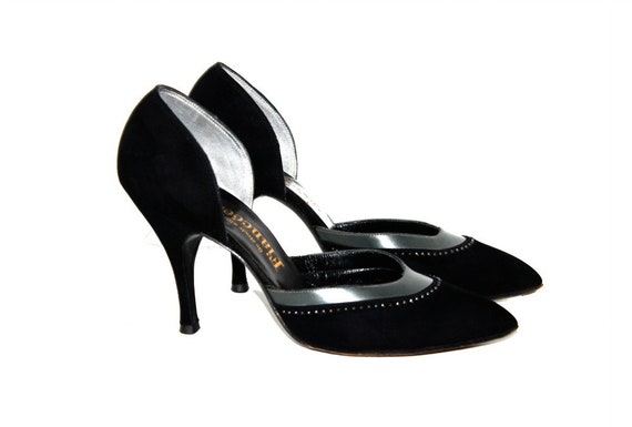 Vintage 1950s Shoes - Black Suede Leather Stilett… - image 2