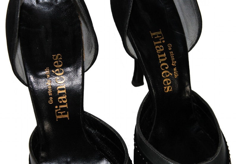 Vintage 1950s Shoes Black Suede Leather Stiletto Heels Designer Fiancees Ornate 50s Heels image 6