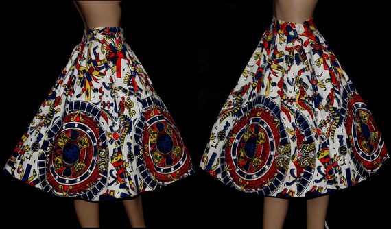 Vintage 1950s Skirt Full Circle Tribal Print Cotton Retro Rockabilly Cup Cake Garden Party Swing Jive Mad Men Dress View 2