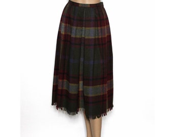 Vintage 1970s Skirt Box Pleated Plaid Skirt Fringed Hem