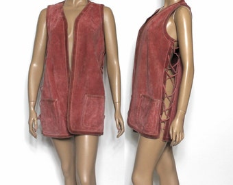 Débardeur en cuir vintage des années 1960// Mauve//Woodstock//Veste hippie//Cuir en daim//Designer Beged On LTD