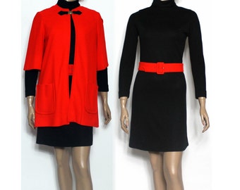 Vintage 1960s Dress //Matching Coat// Bight Red// Couture//Black Dress//Swing Coat//